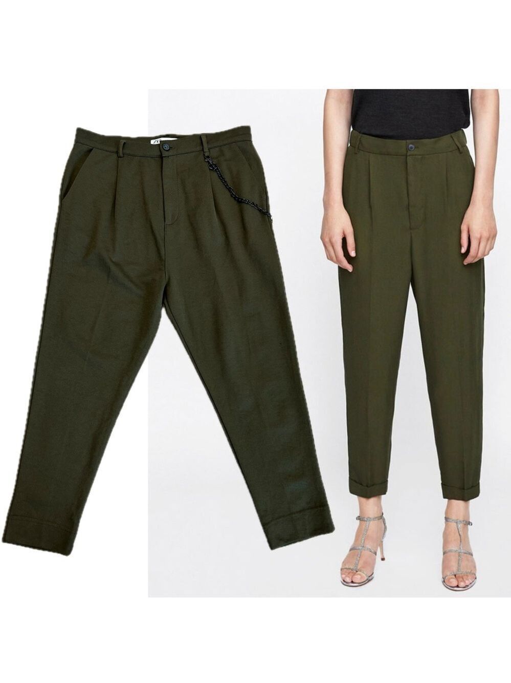 Zara khaki green high waisted slim tapered ankle length pleated pants Sz L